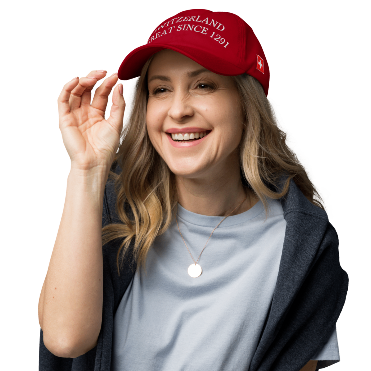 Woman smiling in the Käpli Swiss red cap