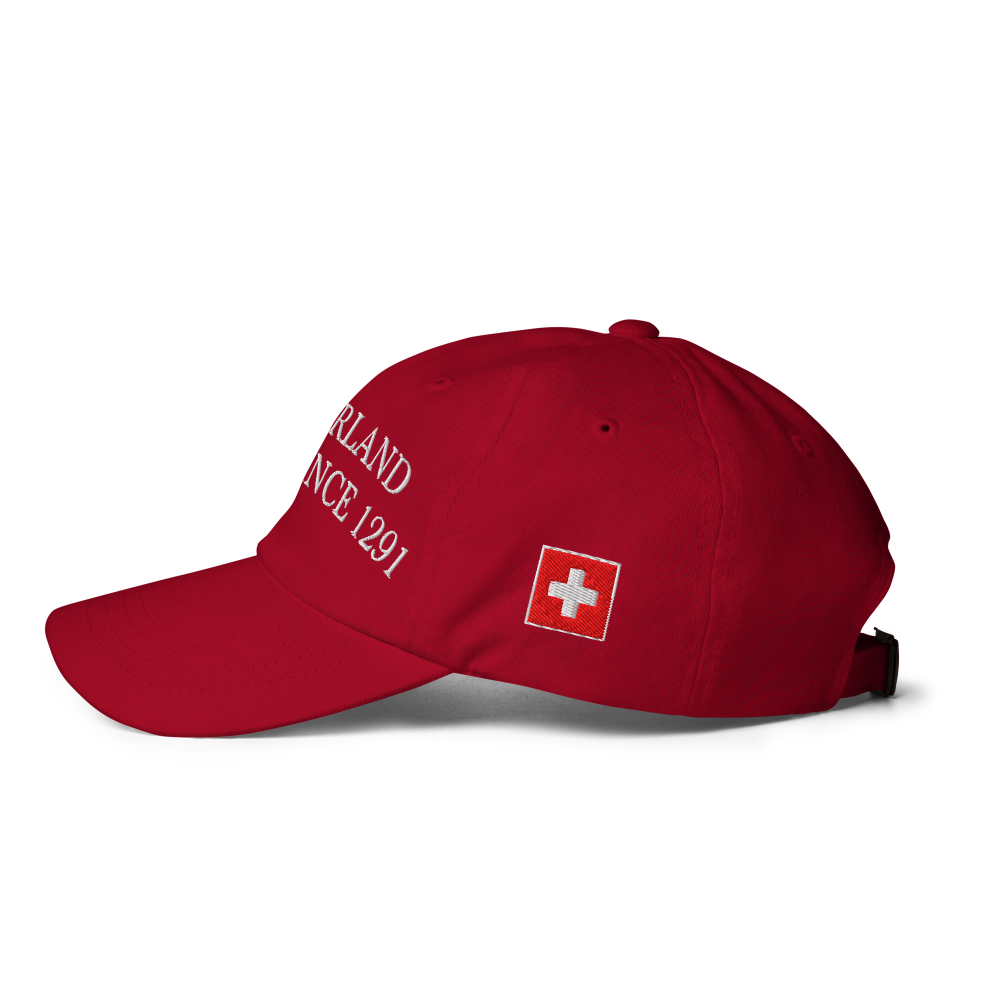 Käpli Swiss red cap — side view with embroidered flag